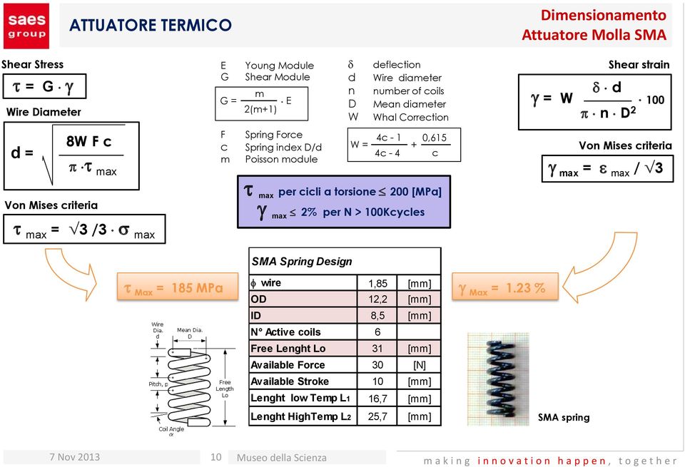 E 2(m+1) d d n D W deflection Wire diameter number of coils Mean diameter Whal Correction 4c - 1 4c - 4 0,615 t max per cicli a torsione 200 [MPa] g max 2% per N > 100Kcycles + c