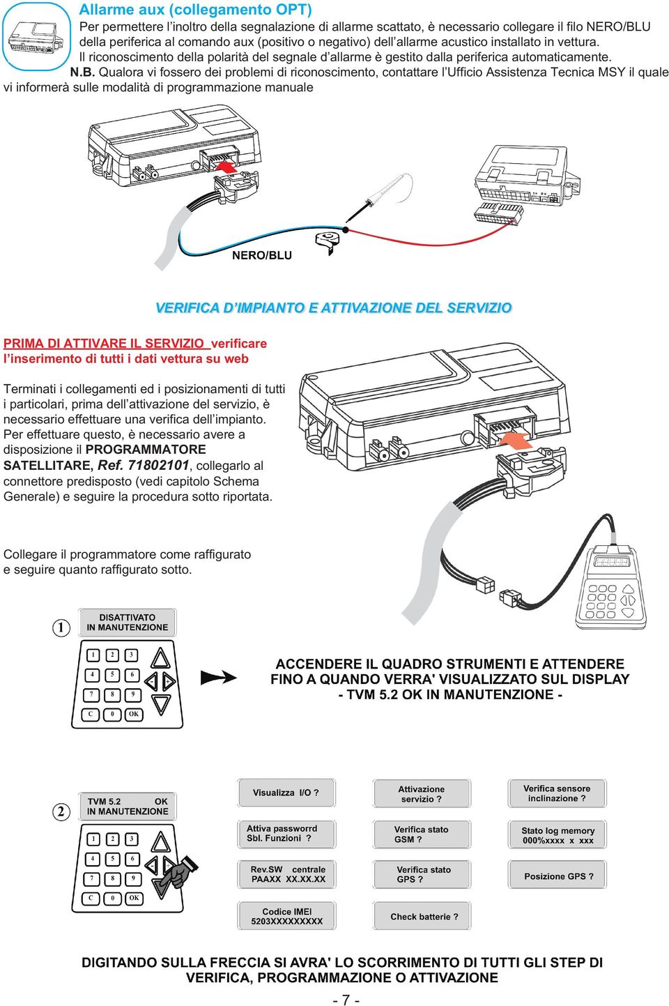 Qualora vi fossero dei problemi di riconoscimento, contattare l Ufficio Assistenza Tecnica MSY il quale vi informerà sulle modalità di programmazione manuale VERIFICA D IMPIANTO E ATTIVAZIONE DEL