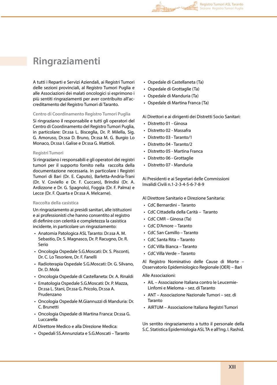 Centro di Coordinamento Registro Tumori Puglia Si ringraziano il responsabile e tutti gli operatori del Centro di Coordinamento del Registro Tumori Puglia, in particolare: Dr.ssa L. Bisceglia, Dr. P. Milella, Sig.