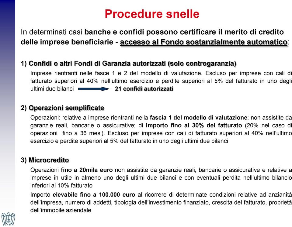 Escluso per imprese con cali di fatturato superiori al 40% nell ultimo esercizio e perdite superiori al 5% del fatturato in uno degli ultimi due bilanci 21 confidi autorizzati 2) Operazioni