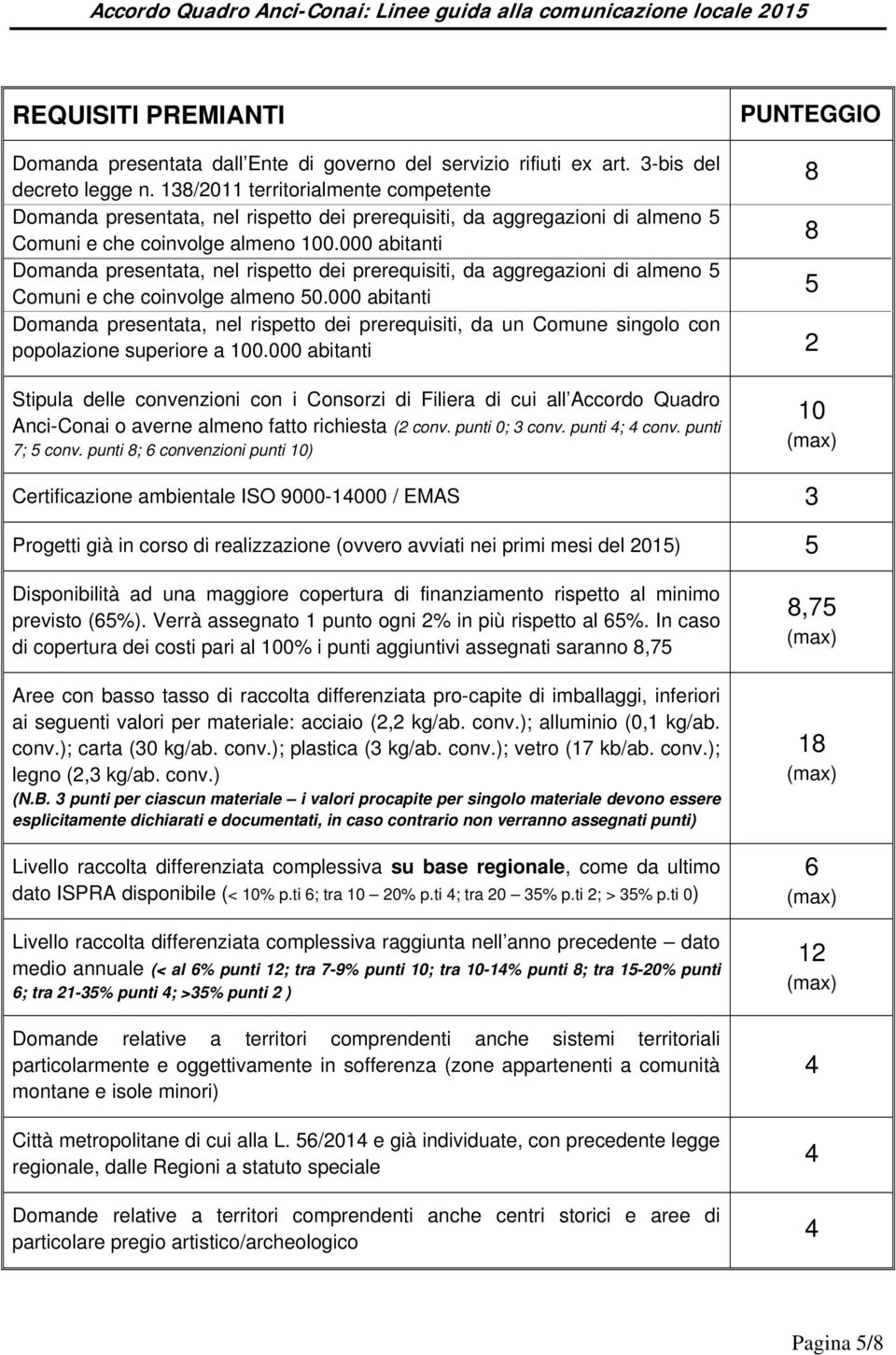 000 abitanti 8 Domanda presentata, nel rispetto dei prerequisiti, da aggregazioni di almeno 5 Comuni e che coinvolge almeno 50.