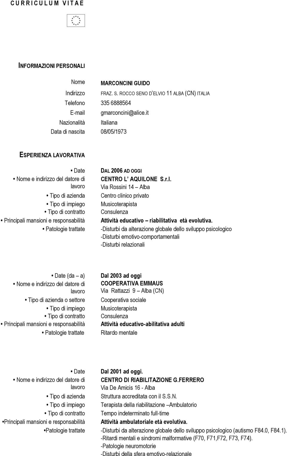 -Disturbi da alterazione globale dello sviluppo psicologico -Disturbi emotivo-comportamentali -Disturbi relazionali Date (da a) Tipo di azienda o settore Principali mansioni e responsabilità