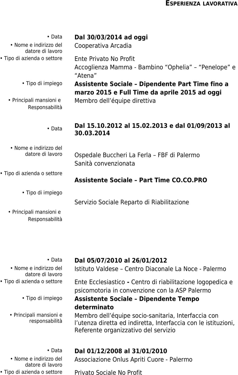 Dal 15.10.2012 al 15.02.2013 e dal 01/09/2013 al 30.03.2014 Ospedale Buccheri La Ferla FBF di Palermo Sanità convenzionata Assistente Sociale Part Time CO.