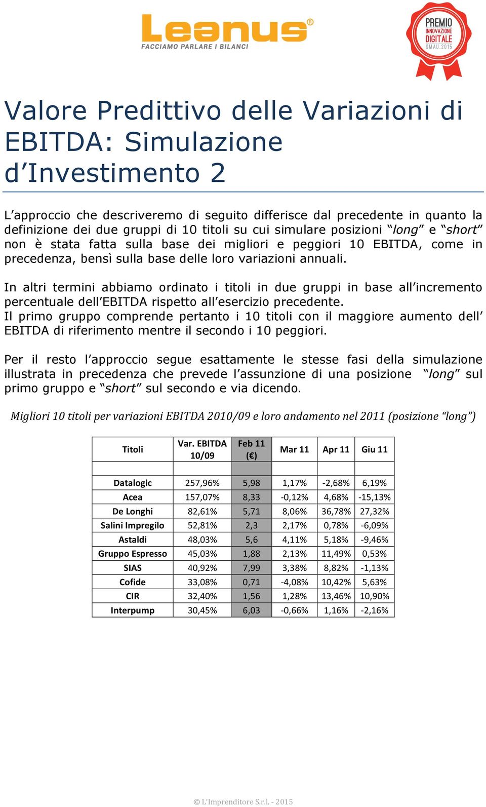 In altri termini abbiam rdinat i titli in due gruppi in base all increment percentuale dell EBITDA rispett all esercizi precedente.