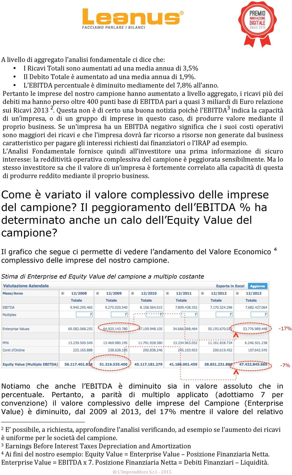 Pertant le imprese del nstr campine hann aumentat a livell aggregat, i ricavi più dei debiti ma hann pers ltre 400 punti base di EBITDA pari a quasi 3 miliardi di Eur relazine sui Ricavi 2013 2.