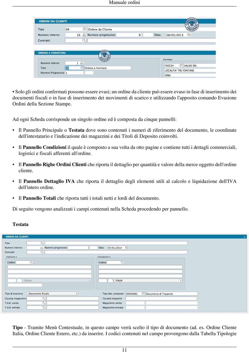 Ad ogni Scheda corrisponde un singolo ordine ed è composta da cinque pannelli: Il Pannello Principale o Testata dove sono contenuti i numeri di riferimento del documento, le coordinate