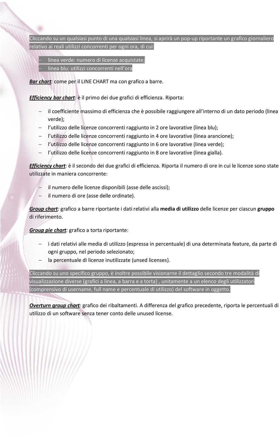 Riporta: il coefficiente massimo di efficienza che è possibile raggiungere all interno di un dato periodo (linea verde); l utilizzo delle licenze concorrenti raggiunto in 2 ore lavorative (linea