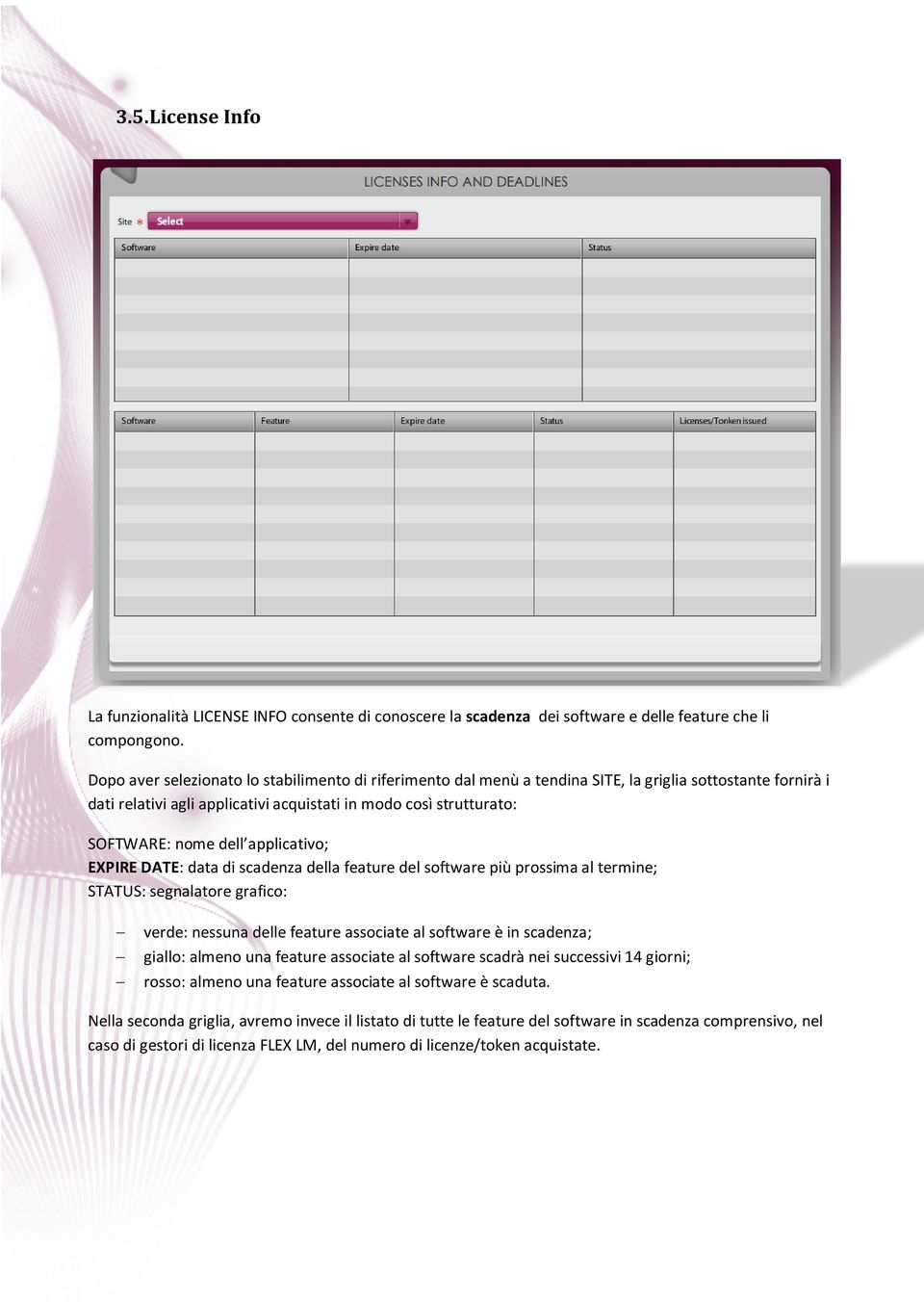 applicativo; EXPIRE DATE: data di scadenza della feature del software più prossima al termine; STATUS: segnalatore grafico: verde: nessuna delle feature associate al software è in scadenza; giallo: