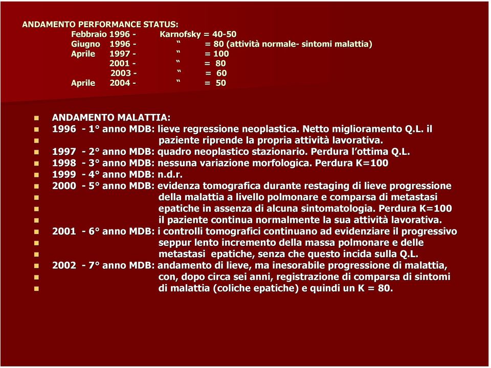 Perdura l ottima Q.L. Q 1998-3 anno MDB: nessuna variazione morfologica. Perdura K=100 1999-4 anno MDB: n.d.r. 2000-5 anno MDB: evidenza tomografica durante restaging di lieve progressione della malattia a livello polmonare p e comparsa di metastasi epatiche in assenza di alcuna sintomatologia.