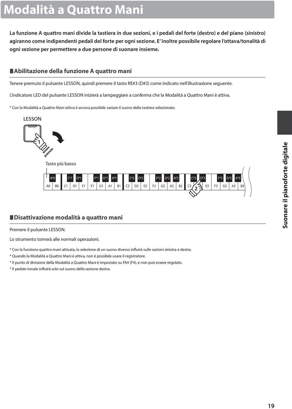 Abilitazione della funzione A quattro mani Tenere premuto il pulsante LESSON, quindi premere il tasto RE#3 (D#3) come indicato nell illustrazione seguente.