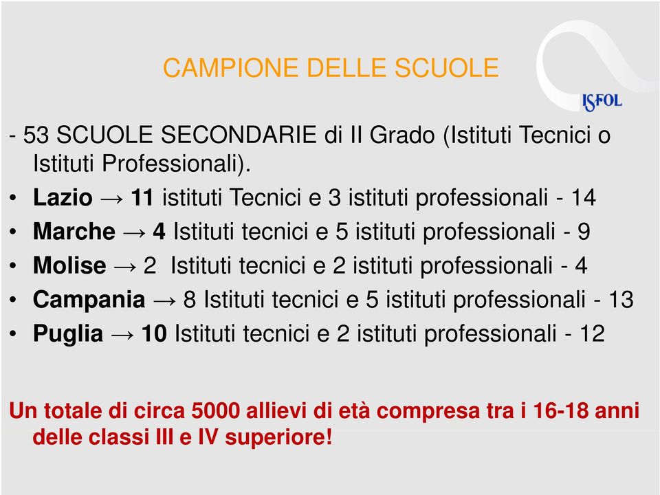 2 Istituti tecnici e 2 istituti professionali - 4 Campania 8 Istituti tecnici e 5 istituti professionali - 13 Puglia 10