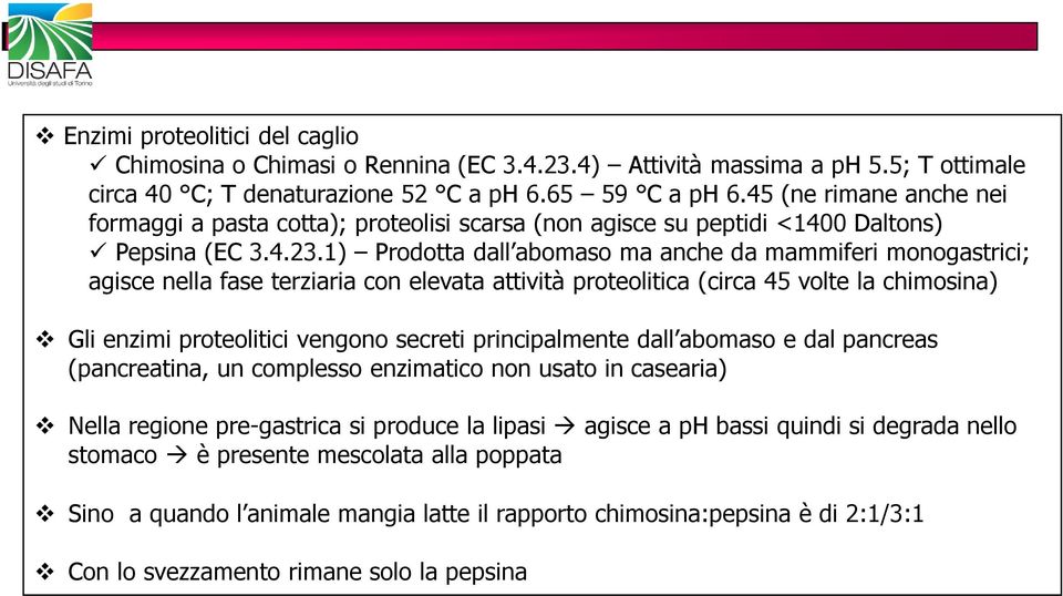 1) Prodotta dall abomaso ma anche da mammiferi monogastrici; agisce nella fase terziaria con elevata attività proteolitica (circa 45 volte la chimosina) Gli enzimi proteolitici vengono secreti