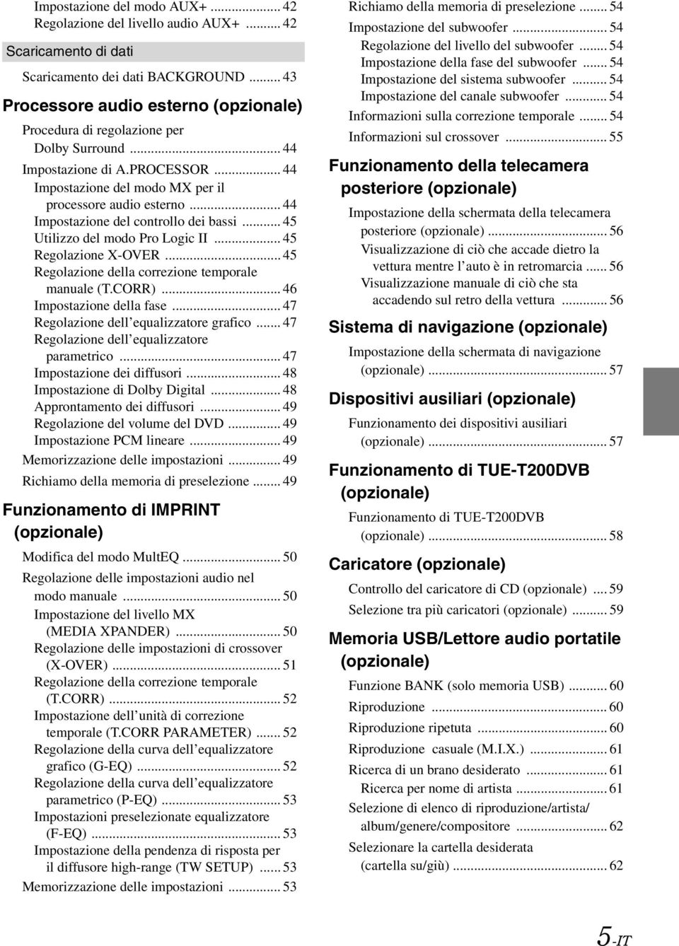 .. 44 Impostazione del controllo dei bassi... 45 Utilizzo del modo Pro Logic II... 45 Regolazione X-OVER... 45 Regolazione della correzione temporale manuale (T.CORR)... 46 Impostazione della fase.