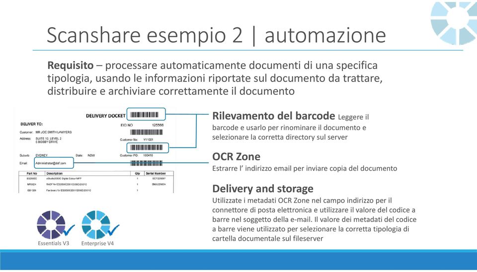 indirizzo email per inviare copia del documento Essentials V3 Enterprise V4 Delivery and storage Utilizzate i metadati OCR Zone nel campo indirizzo per il connettore di posta elettronica e