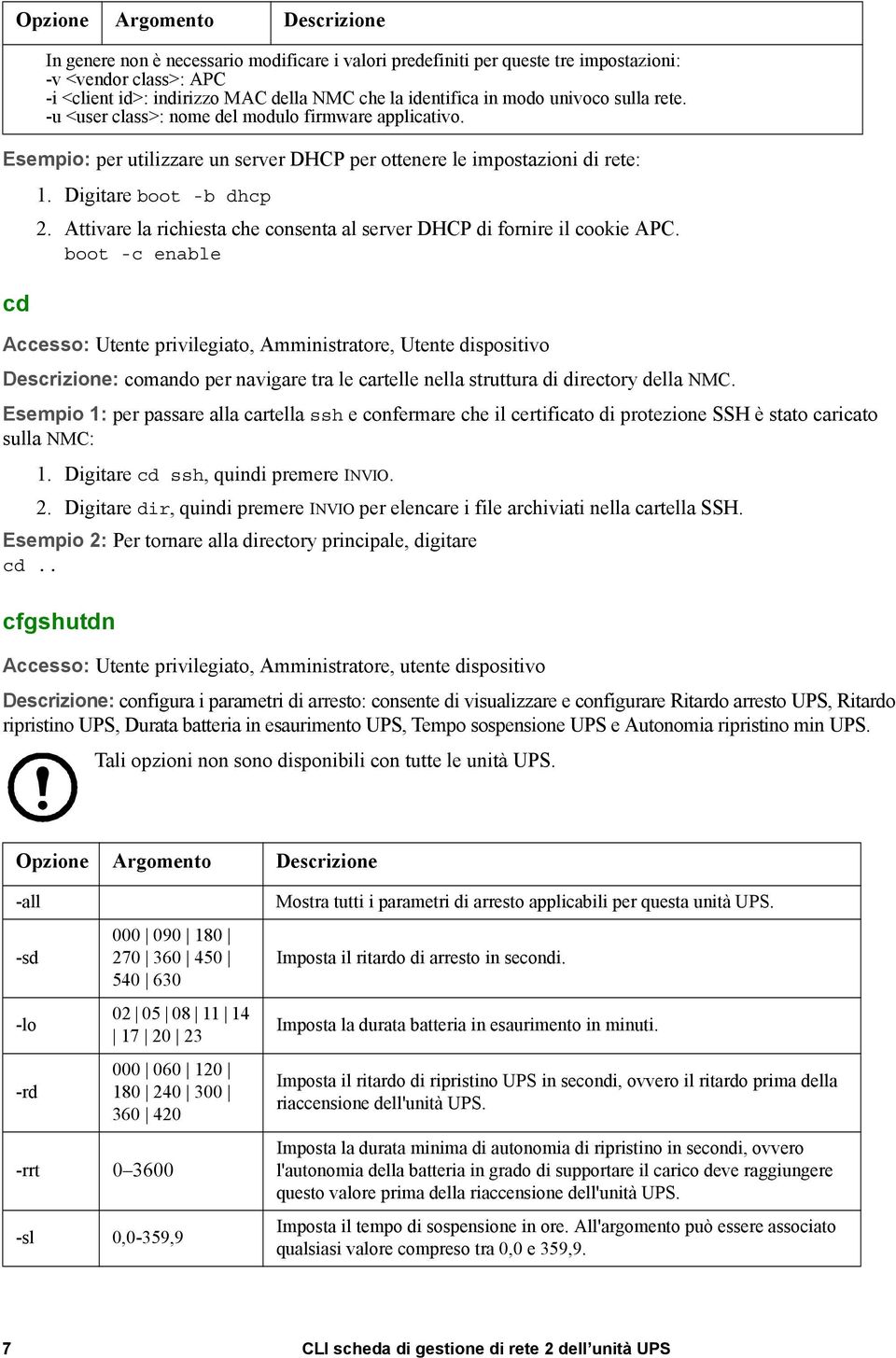 univoco sulla rete. -u <user class>: nome del modulo firmware applicativo. Descrizione: comando per navigare tra le cartelle nella struttura di directory della NMC.