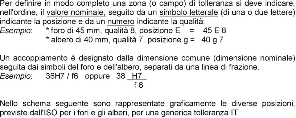 Un accoppiamento è designato dalla dimensione comune (dimensione nominale) seguita dai simboli del foro e dell'albero, separati da una linea di frazione.