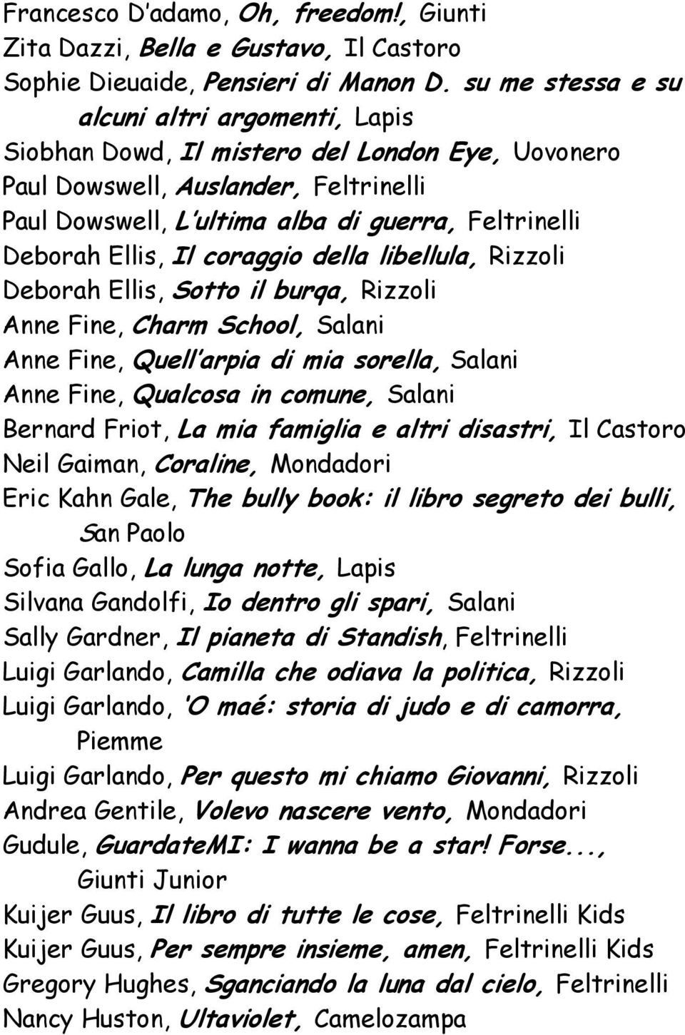 Ellis, Il coraggio della libellula, Rizzoli Deborah Ellis, Sotto il burqa, Rizzoli Anne Fine, Charm School, Salani Anne Fine, Quell arpia di mia sorella, Salani Anne Fine, Qualcosa in comune, Salani