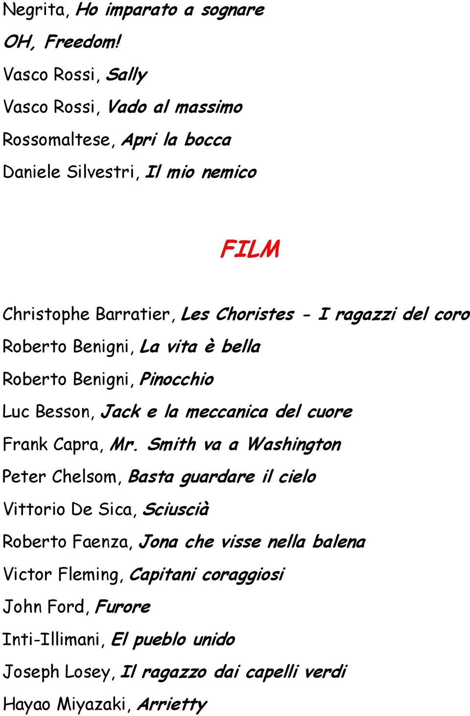 ragazzi del coro Roberto Benigni, La vita è bella Roberto Benigni, Pinocchio Luc Besson, Jack e la meccanica del cuore Frank Capra, Mr.