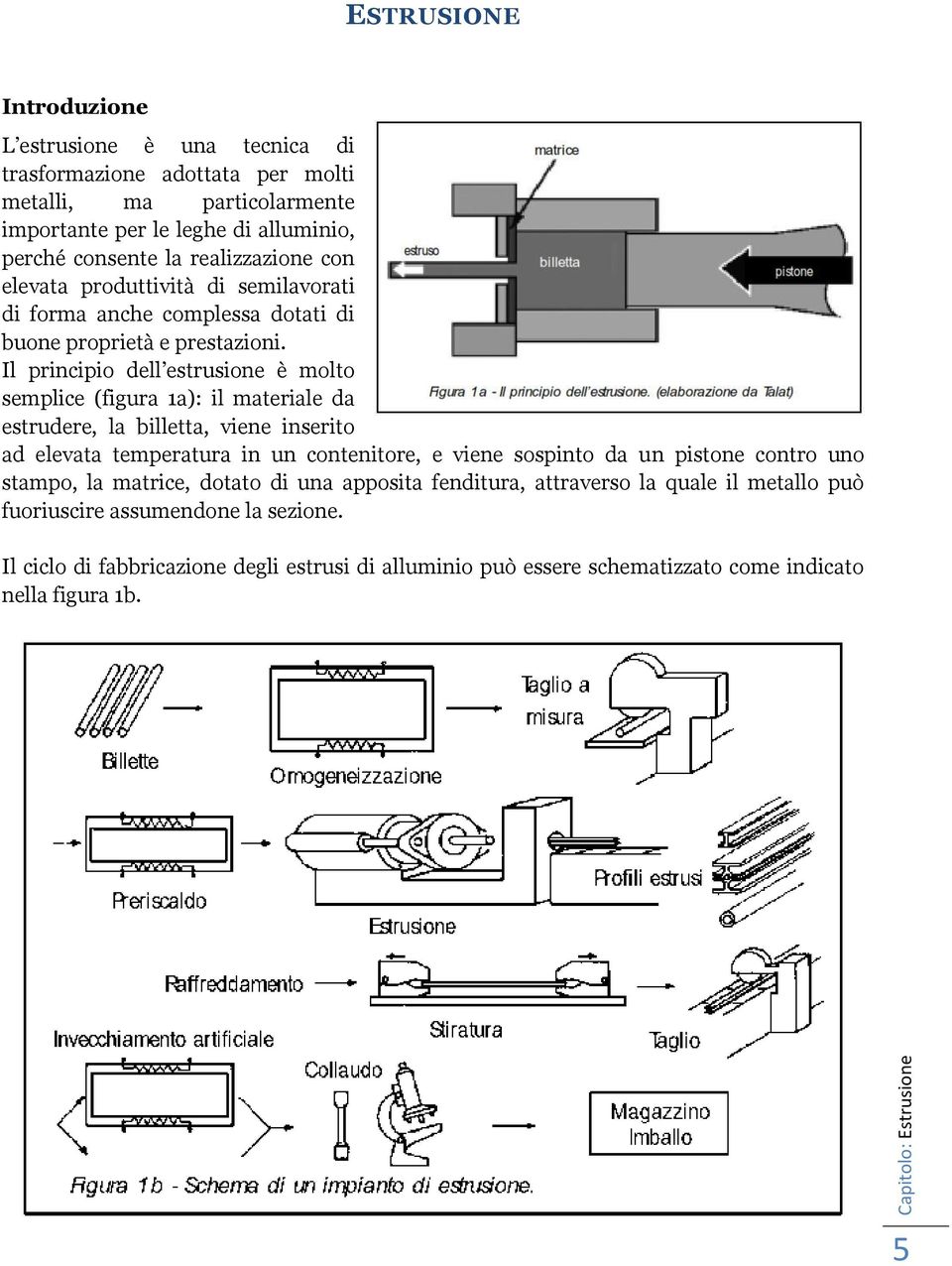 Il principio dell estrusione è molto semplice (figura 1a): il materiale da estrudere, la billetta, viene inserito ad elevata temperatura in un contenitore, e viene sospinto da un pistone