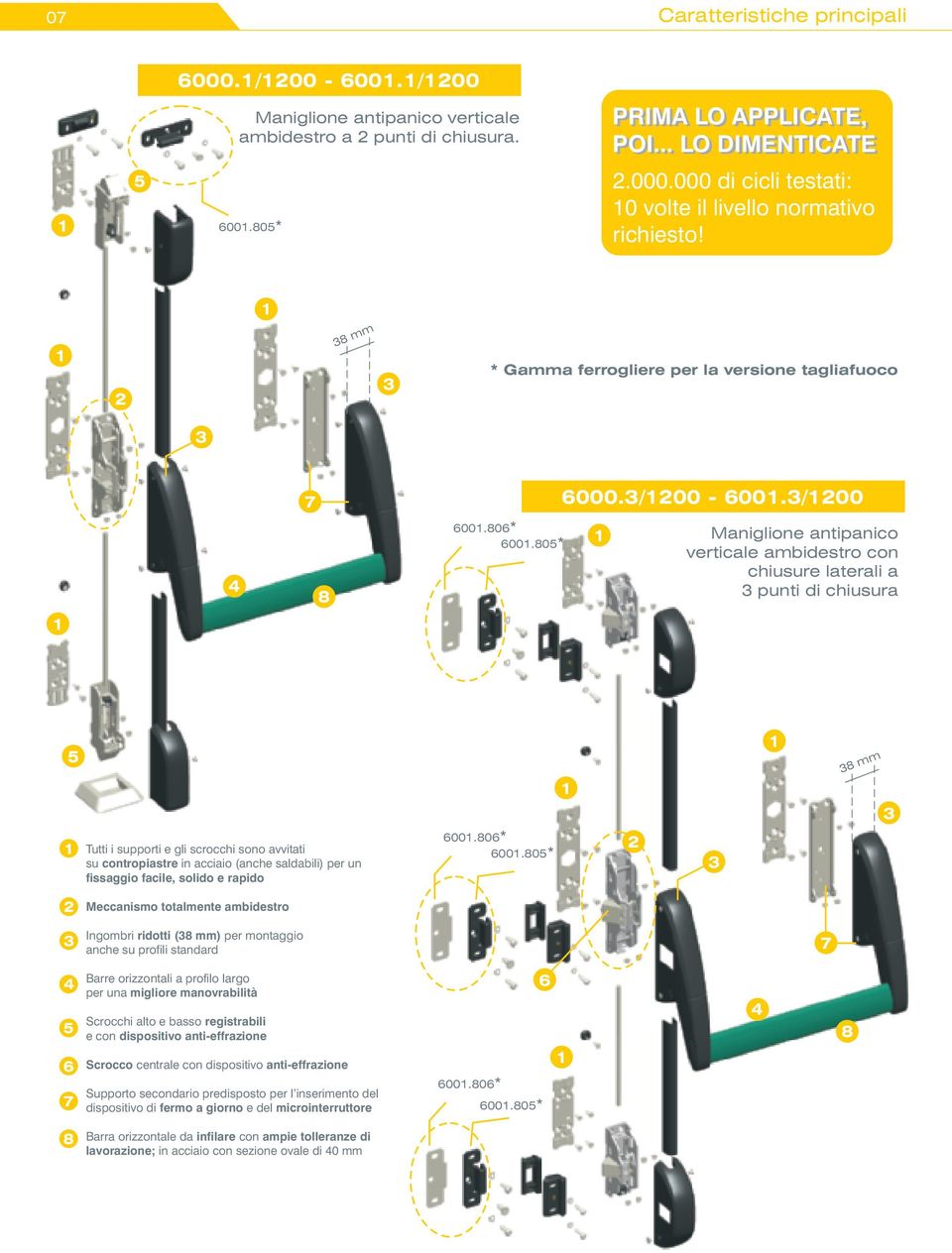 805 Maniglione antipanico verticale ambidestro con chiusure laterali a 3 punti di chiusura 5 Tutti i supporti e gli scrocchi sono avvitati su contropiastre in acciaio (anche saldabili) per un