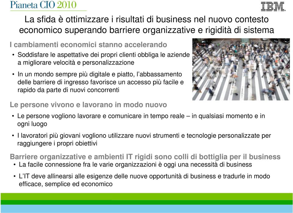 rapido da parte di nuovi concorrenti Le persone vivono e lavorano in modo nuovo Le persone vogliono lavorare e comunicare in tempo reale in qualsiasi momento e in ogni luogo I lavoratori più giovani