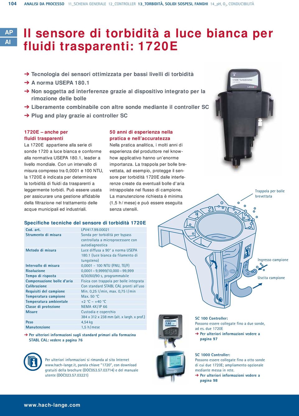 1 Non soggetta ad interferenze grazie al dispositivo integrato per la rimozione delle bolle Liberamente combinabile con altre sonde mediante il controller SC Plug and play grazie ai controller SC