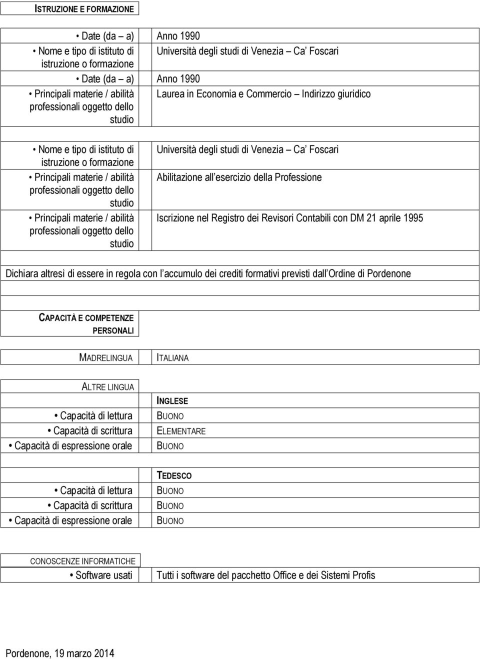 materie / abilità professionali oggetto dello studio Università degli studi di Venezia Ca Foscari Abilitazione all esercizio della Professione Iscrizione nel Registro dei Revisori Contabili con DM 21