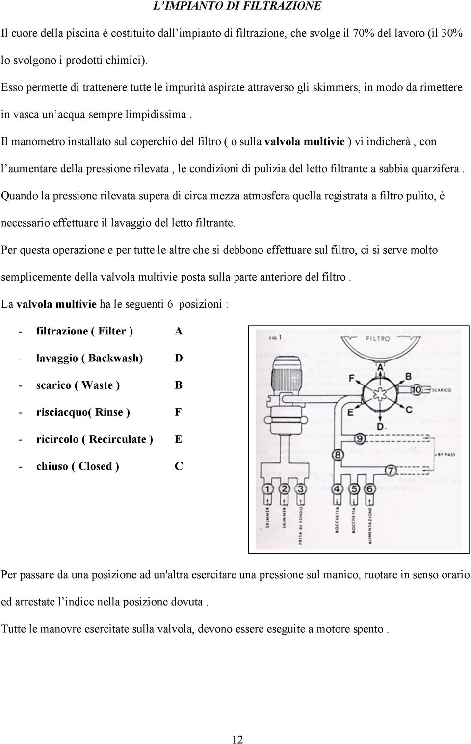 Il manometro installato sul coperchio del filtro ( o sulla valvola multivie ) vi indicherà, con l aumentare della pressione rilevata, le condizioni di pulizia del letto filtrante a sabbia quarzifera.