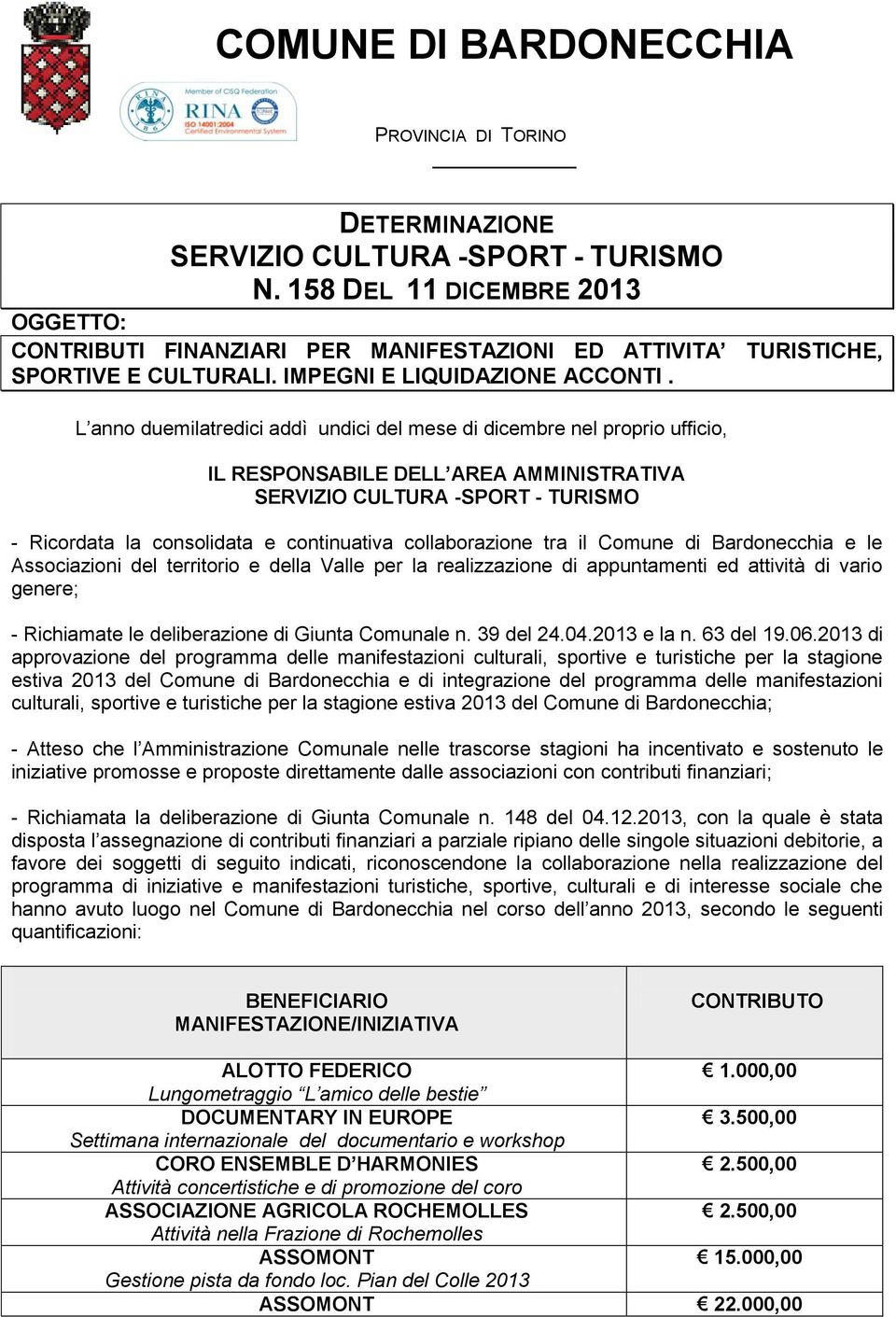 L anno duemilatredici addì undici del mese di dicembre nel proprio ufficio, IL RESPONSABILE DELL AREA AMMINISTRATIVA SERVIZIO CULTURA -SPORT - TURISMO - Ricordata la consolidata e continuativa