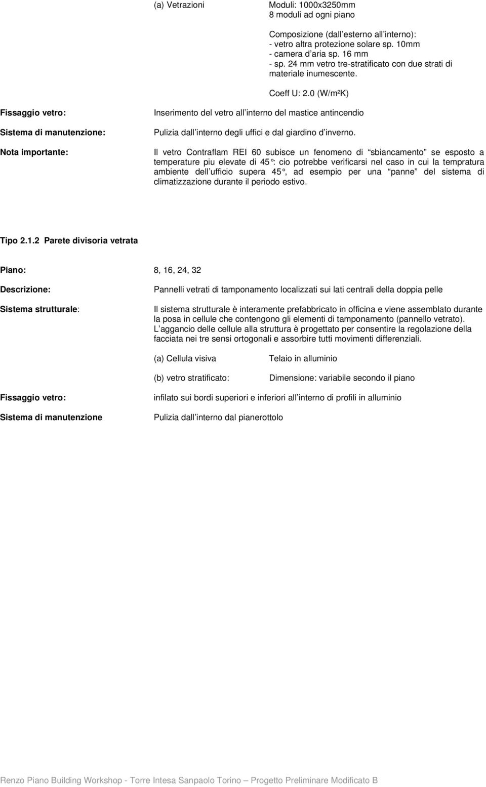 0 (W/m²K) Fissaggio vetro: Inserimento del vetro all interno del mastice antincendio : Nota importante: Pulizia dall interno degli uffici e dal giardino d inverno.