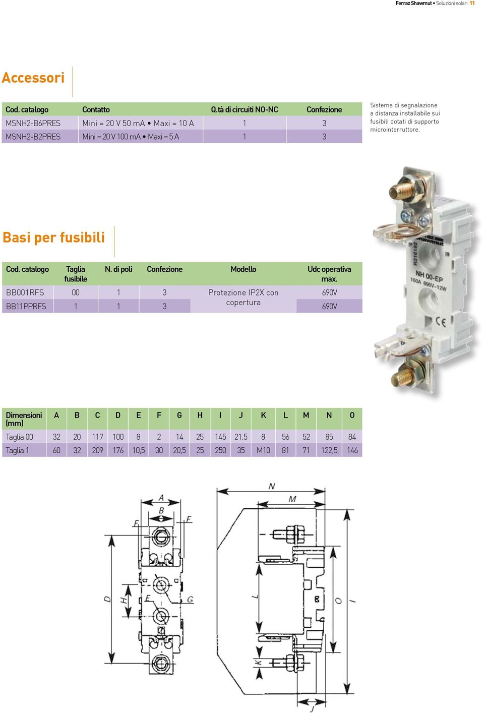 distanza installabile sui fusibili dotati di supporto microinterruttore. Basi per fusibili Cod. catalogo Taglia fusibile N.