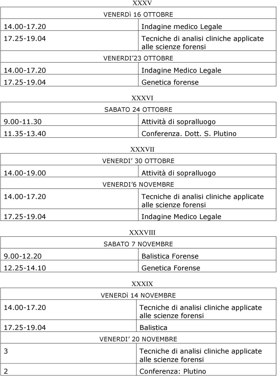 20 Tecniche di analisi cliniche applicate alle scienze forensi 17.25-19.04 Indagine Medico Legale XXXVIII SABATO 7 NOVEMBRE 9.00-12.20 Balistica Forense 12.25-14.