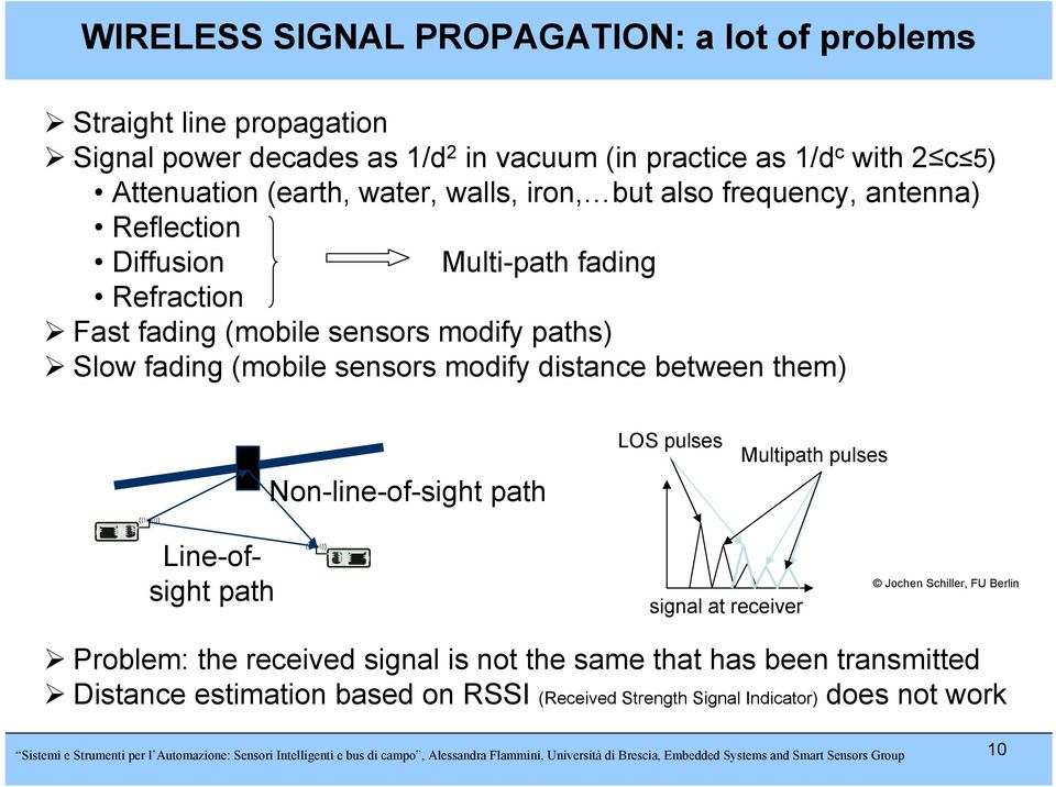 pulses Multipath pulses Line-ofsight path signal at receiver Jochen Schiller, FU Berlin Problem: the received signal is not the same that has been transmitted Distance estimation based on RSSI