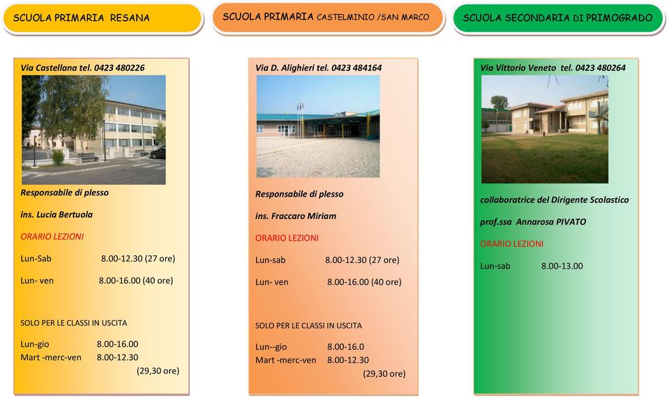 00 (40 ore) Responsabile di plesso ins. Fraccaro Miriam ORARIO LEZIONI Lun-sab 8.00-12.30 (27 ore) Lun- ven 8.00-16.00 (40 ore) collaboratrice del Dirigente Scolastico prof.