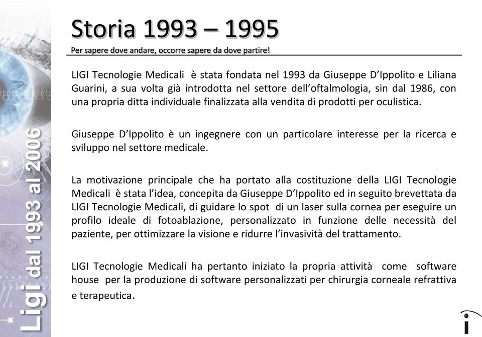 La motivazione principale che ha portato alla costituzione della LIGI Tecnologie Medicali è stata l idea, concepita da Giuseppe D Ippolito ed in seguito brevettata da LIGI Tecnologie Medicali, di
