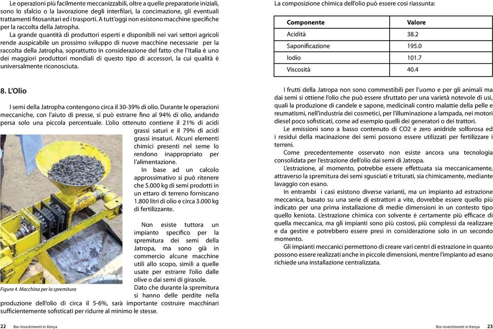 La grande quantità di produttori esperti e disponibili nei vari settori agricoli rende auspicabile un prossimo sviluppo di nuove macchine necessarie per la raccolta della Jatropha, soprattutto in