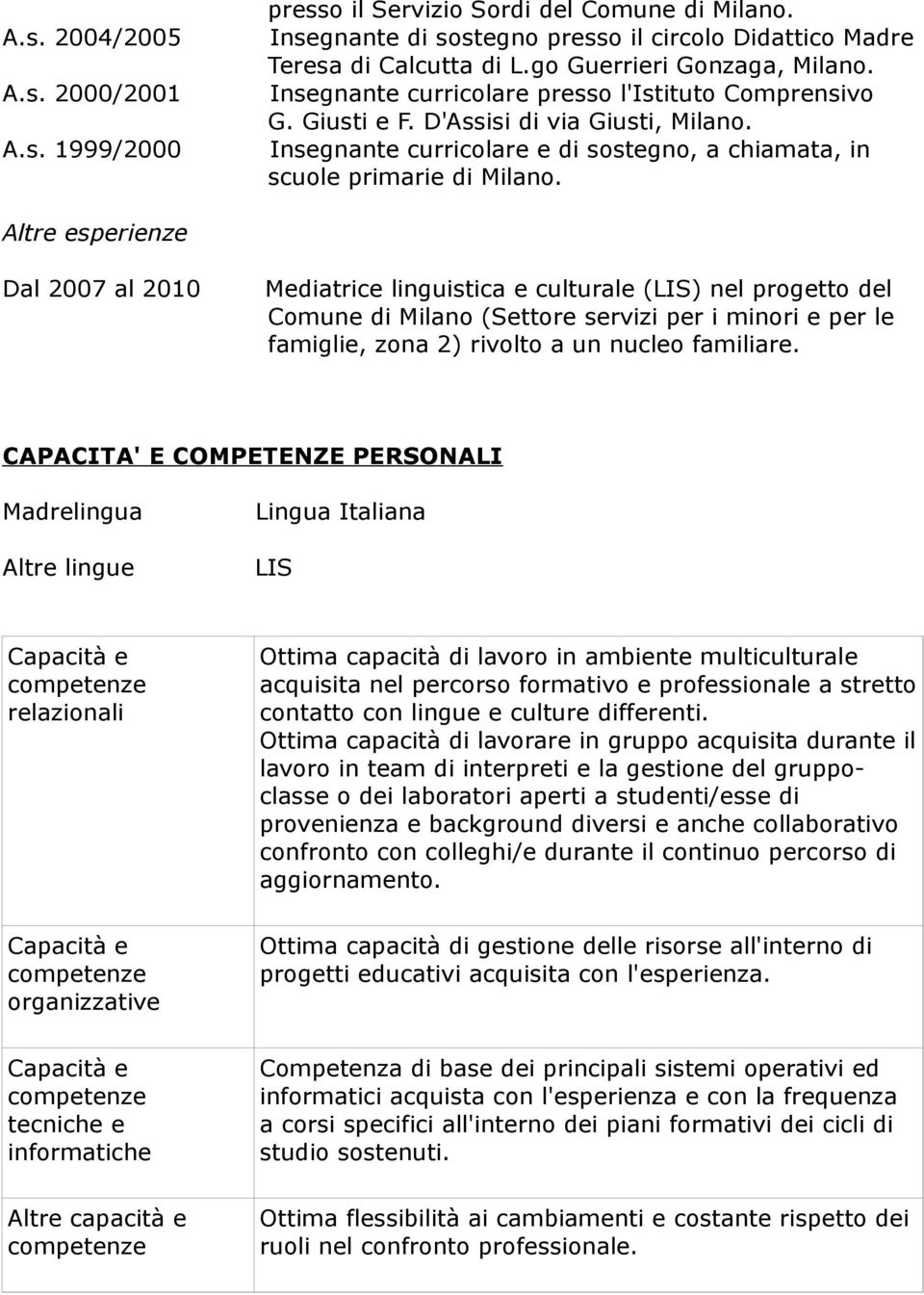 Altre esperienze Dal 2007 al 2010 Mediatrice linguistica e culturale (LIS) nel progetto del Comune di Milano (Settore servizi per i minori e per le famiglie, zona 2) rivolto a un nucleo familiare.