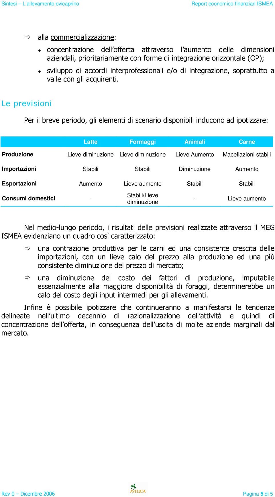 Le previsioni Per il breve periodo, gli elementi di scenario disponibili inducono ad ipotizzare: Latte Formaggi Animali Carne Produzione Lieve diminuzione Lieve diminuzione Lieve Aumento Macellazioni