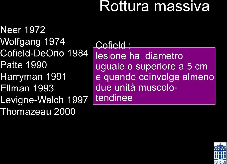 Thomazeau 2000 Cofield : lesione ha diametro uguale o