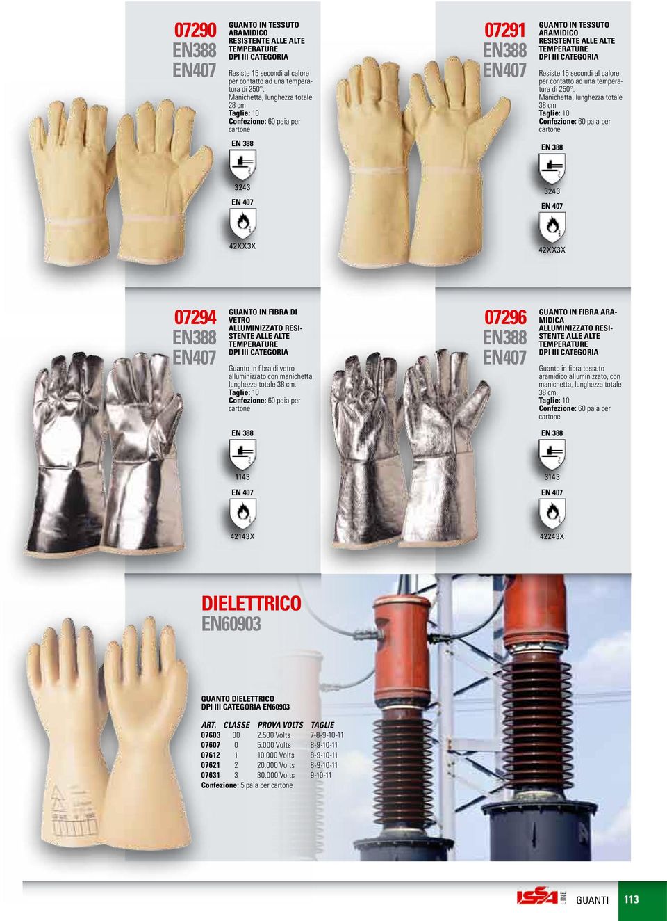 Manichetta, lunghezza totale 38 cm 3243 EN 407 3243 EN 407 42XX3X 42XX3X 07294 EN388 EN407 GUANTO IN FIBRA DI VETRO ALLUMINIZZATO RESI- STENTE ALLE ALTE TEMPERATURE DPI III CATEGORIA Guanto in fibra