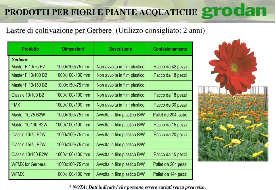 Pacco da 18 pezzi FMX 1000x100x100 mm Non avvolta in film plastico Pacco da 30 pezzi Master 10/75 B2W 1000x100x75 mm Pallet da 204 lastre Master 10/100 B2W 1000x100x100 mm Pacco da 15 pezzi Classic