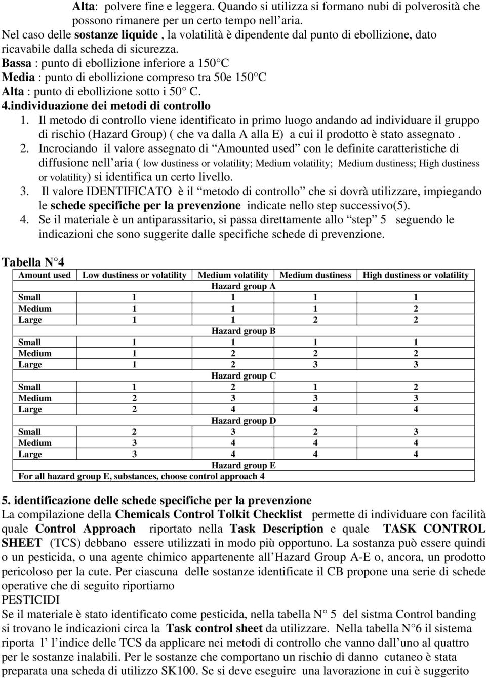 Bassa : punto di ebollizione inferiore a 150 C Media : punto di ebollizione compreso tra 50e 150 C Alta : punto di ebollizione sotto i 50 C. 4.individuazione dei metodi di controllo 1.