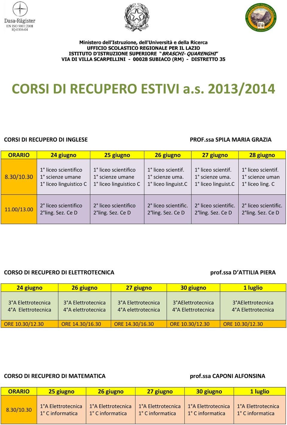 liceo ling C CORSO DI RECUPERO DI ELETTROTECNICA profssa D ATTILIA PIERA 24 giugno 26 giugno 27 giugno 30 giugno 1 luglio 4 A elettrotecnica 4 A elettrotecnica 3