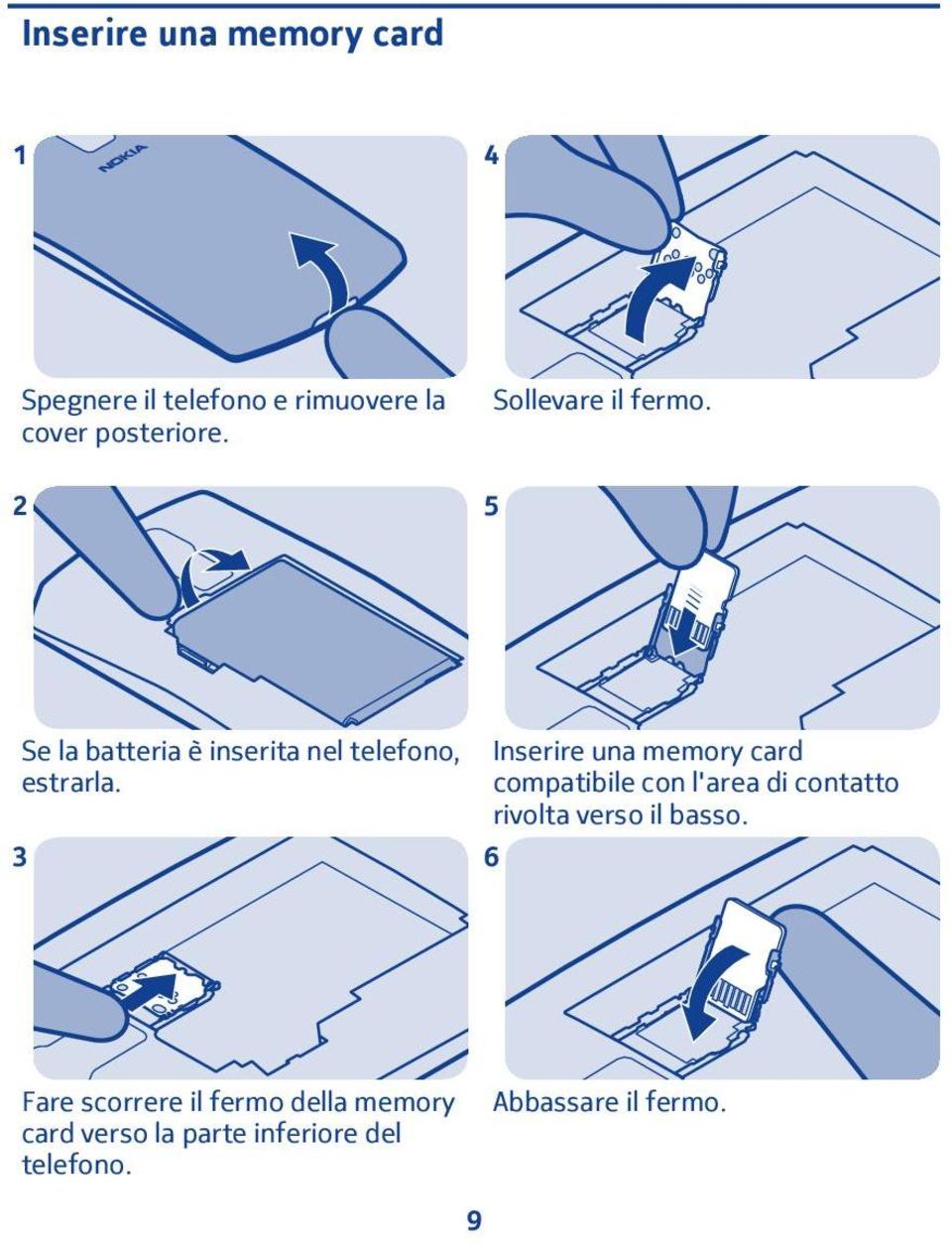 3 Inserire una memory card compatibile con l'area di contatto rivolta verso il basso.