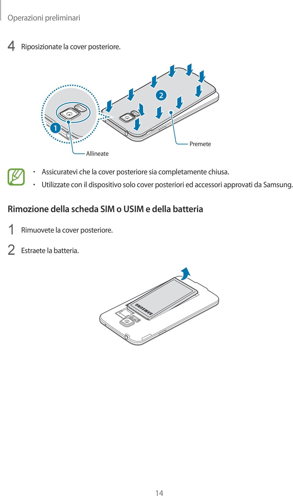 Utilizzate con il dispositivo solo cover posteriori ed accessori approvati da Samsung.