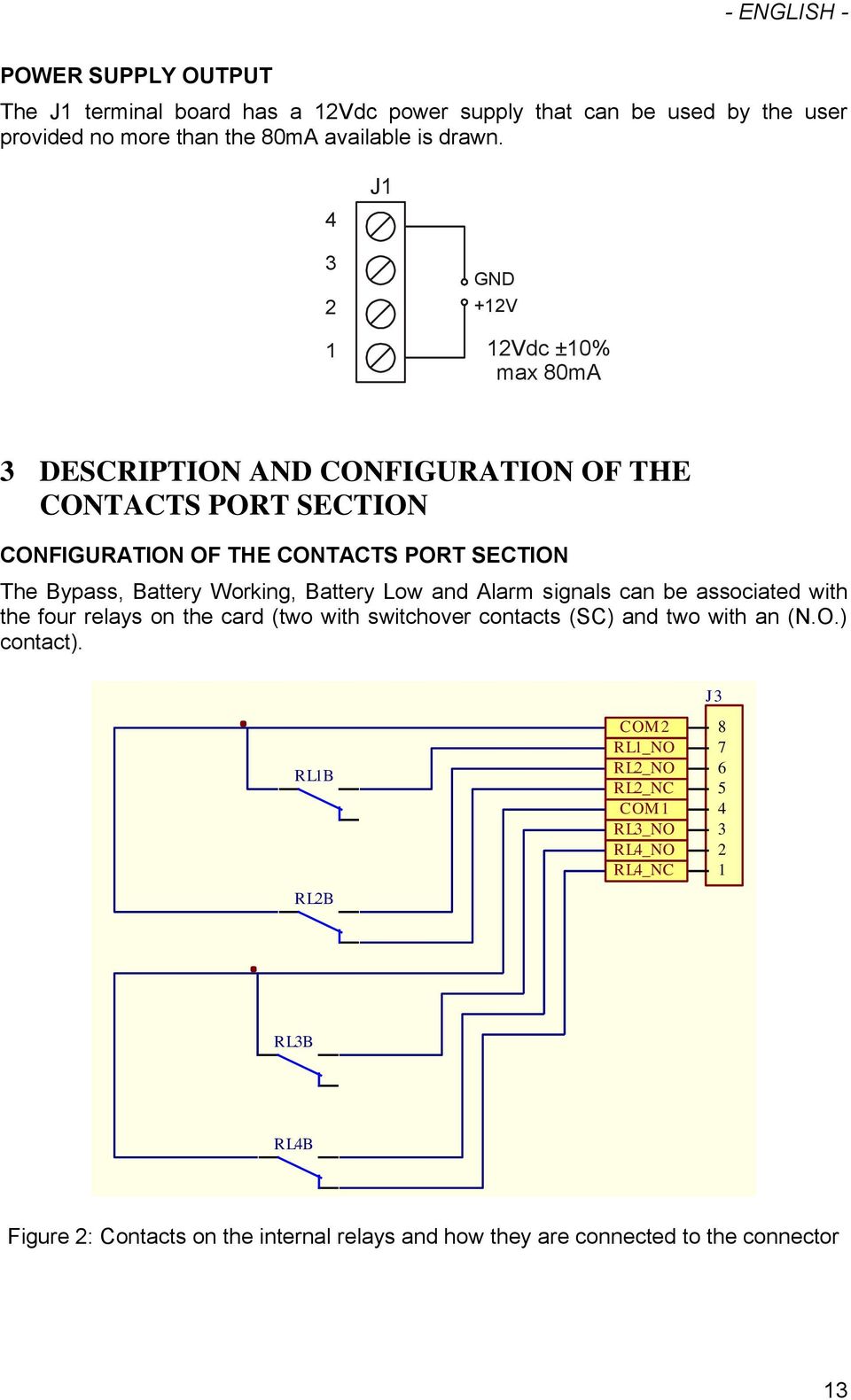 J GND +V Vdc ±0% max 80mA DESCRIPTION AND CONFIGURATION OF THE CONTACTS PORT SECTION CONFIGURATION OF THE CONTACTS PORT SECTION The Bypass, Battery