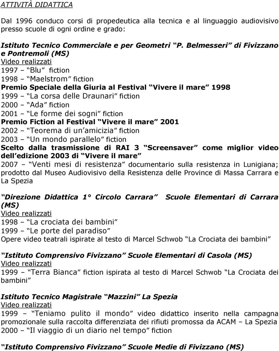 2001 Le forme dei sogni fiction Premio Fiction al Festival Vivere il mare 2001 2002 Teorema di un amicizia fiction 2003 Un mondo parallelo fiction Scelto dalla trasmissione di RAI 3 Screensaver come