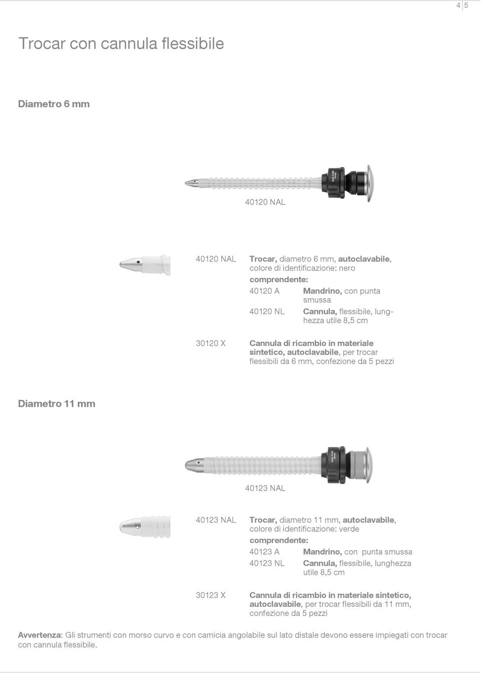 Trocar, diametro 11 mm, autoclavabile, colore di identificazione: verde comprendente: 40123 A Mandrino, con punta smussa 40123 NL Cannula, flessibile, lunghezza utile 8,5 cm 30123 X Cannula di