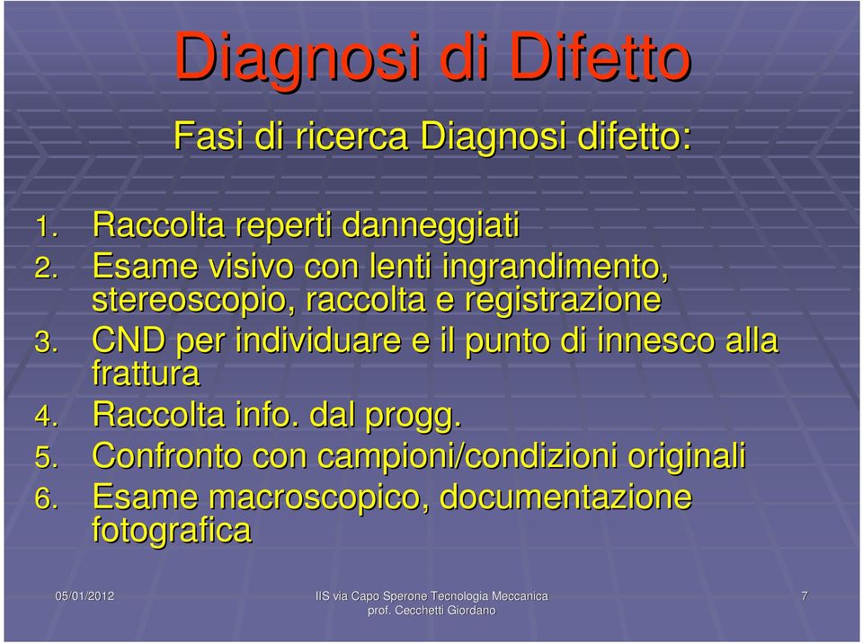 CND per individuare e il punto di innesco alla frattura 4. Raccolta info. dal progg. 5.