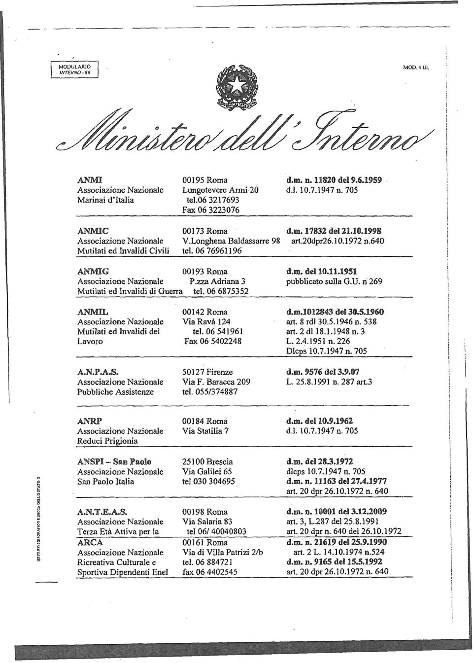 06 6875352 d~m. del10.11.1951 pubblicato sul1a G.U. n 269 ANMIL Mutilati ed Invalidi del Lavoro A.N.P.A.S. Pubbliche Assistenze 00142 Roma Via Ravà 124 tel.